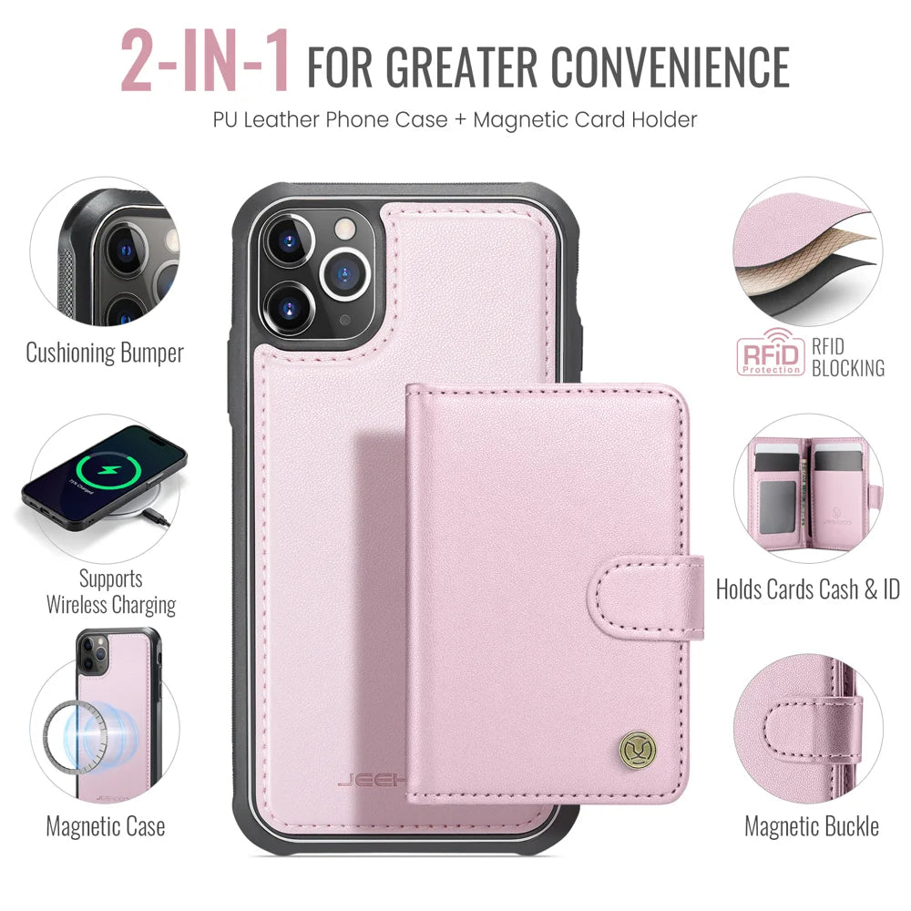 JEEHOOD For iPhone 12 Pro Max 6.7 inch Case  J09 RFID Blocking Card Holder Leather Back Phone Cover Compatible with MagSafe - Pink - 2