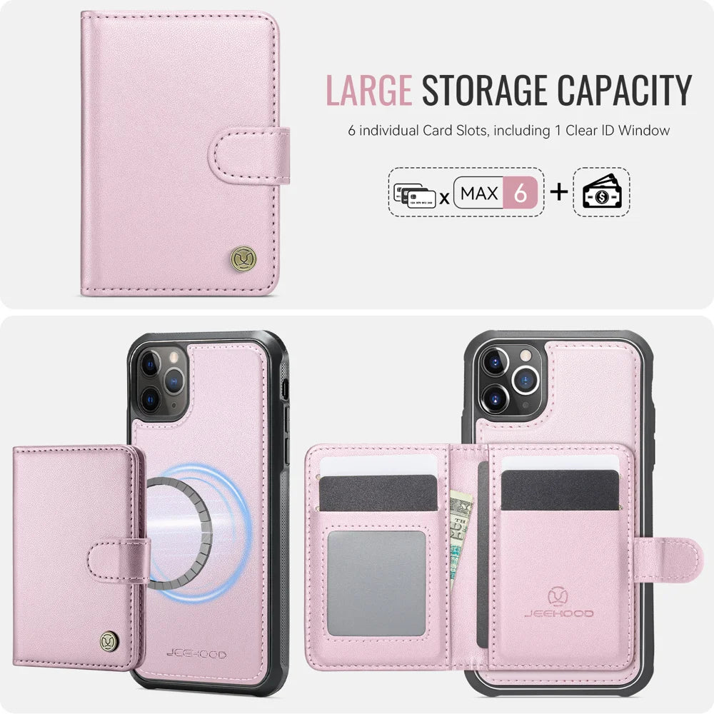 JEEHOOD For iPhone 12 Pro Max 6.7 inch Case  J09 RFID Blocking Card Holder Leather Back Phone Cover Compatible with MagSafe - Pink - 3
