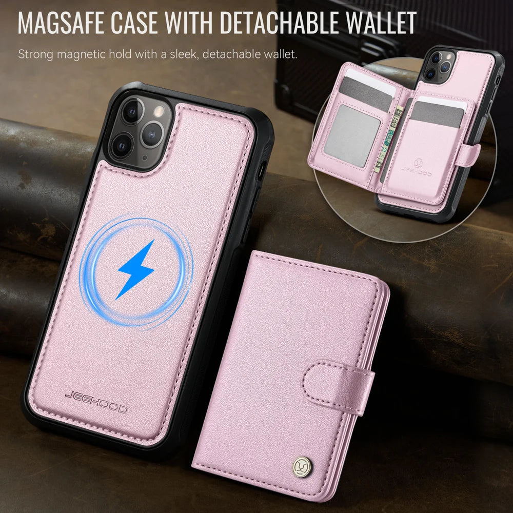 JEEHOOD For iPhone 12 Pro Max 6.7 inch Case  J09 RFID Blocking Card Holder Leather Back Phone Cover Compatible with MagSafe - Pink - 5