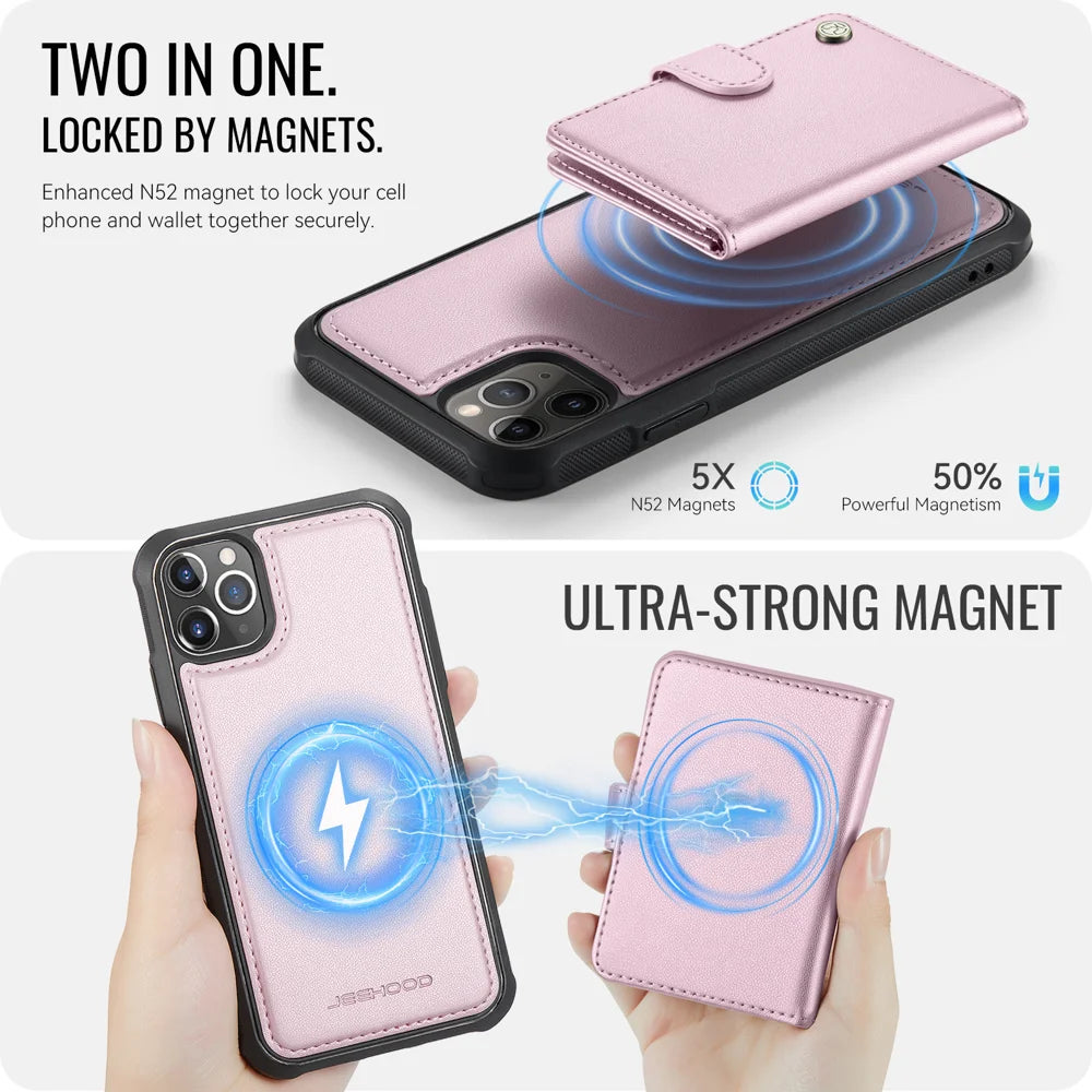 JEEHOOD For iPhone 12 Pro Max 6.7 inch Case  J09 RFID Blocking Card Holder Leather Back Phone Cover Compatible with MagSafe - Pink - 7
