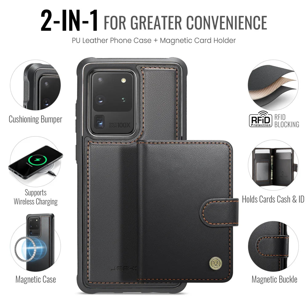 JEEHOOD For Samsung Galaxy S20 Ultra Case  J09 RFID Blocking Card Holder Leather Back Phone Cover Magnetic Case - Black - 2