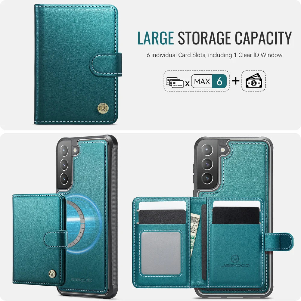 JEEHOOD For Samsung Galaxy S21 4G Case  J09 RFID Blocking Card Holder Leather Back Phone Cover Magnetic Case - Green - 3