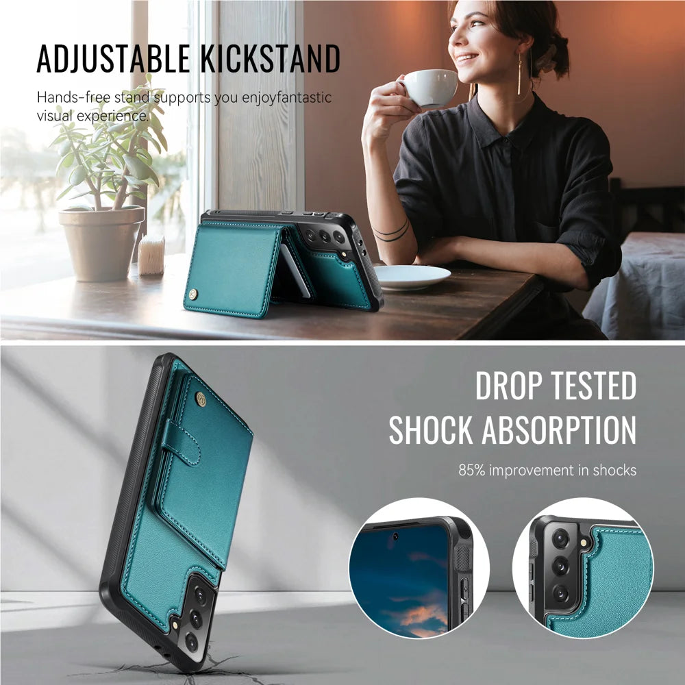 JEEHOOD For Samsung Galaxy S21 4G Case  J09 RFID Blocking Card Holder Leather Back Phone Cover Magnetic Case - Green - 4