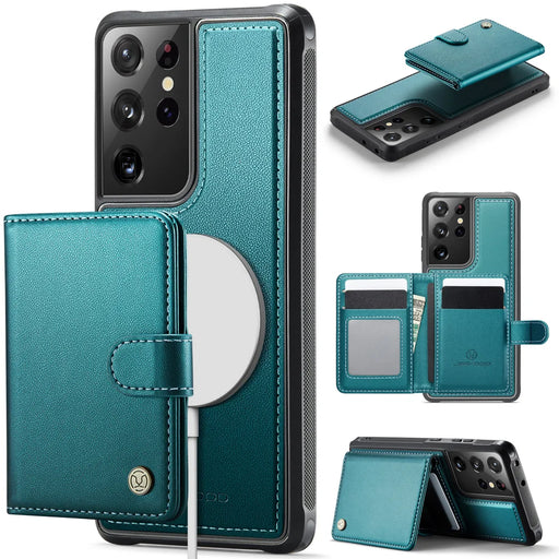 JEEHOOD For Samsung Galaxy S21 Ultra 5G Case  J09 RFID Blocking Card Holder Leather Back Phone Cover Magnetic Case - Green - 1