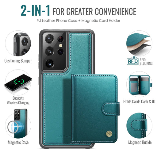 JEEHOOD For Samsung Galaxy S21 Ultra 5G Case  J09 RFID Blocking Card Holder Leather Back Phone Cover Magnetic Case - Green - 2