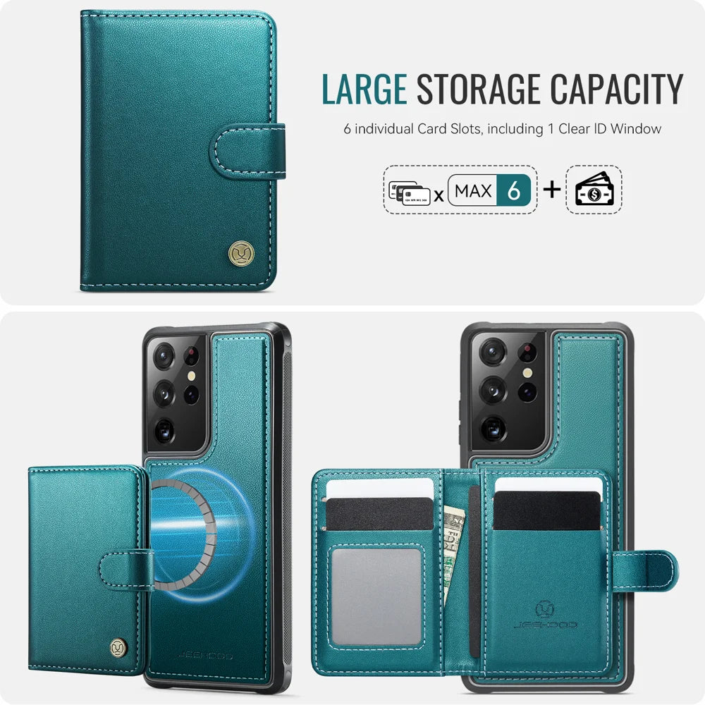 JEEHOOD For Samsung Galaxy S21 Ultra 5G Case  J09 RFID Blocking Card Holder Leather Back Phone Cover Magnetic Case - Green - 3