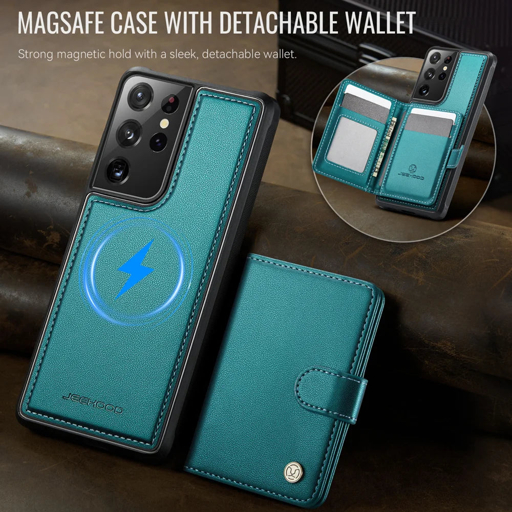 JEEHOOD For Samsung Galaxy S21 Ultra 5G Case  J09 RFID Blocking Card Holder Leather Back Phone Cover Magnetic Case - Green - 5