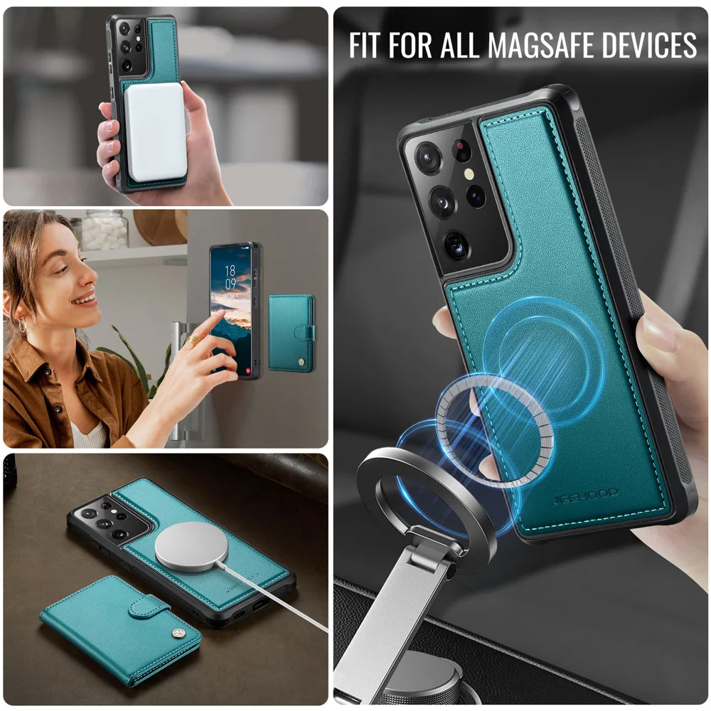 JEEHOOD For Samsung Galaxy S21 Ultra 5G Case  J09 RFID Blocking Card Holder Leather Back Phone Cover Magnetic Case - Green - 6