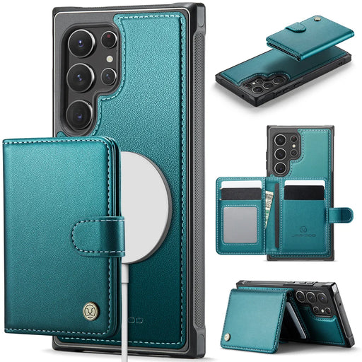 JEEHOOD For Samsung Galaxy S22 Ultra 5G Case  J09 RFID Blocking Card Holder Leather Back Phone Cover Magnetic Case - Green - 1
