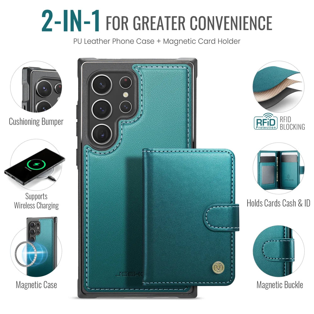 JEEHOOD For Samsung Galaxy S22 Ultra 5G Case  J09 RFID Blocking Card Holder Leather Back Phone Cover Magnetic Case - Green - 2
