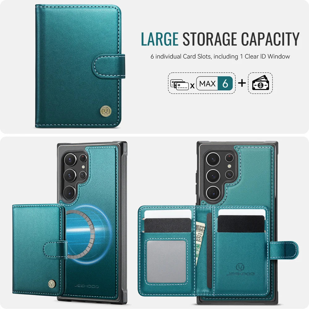 JEEHOOD For Samsung Galaxy S22 Ultra 5G Case  J09 RFID Blocking Card Holder Leather Back Phone Cover Magnetic Case - Green - 3