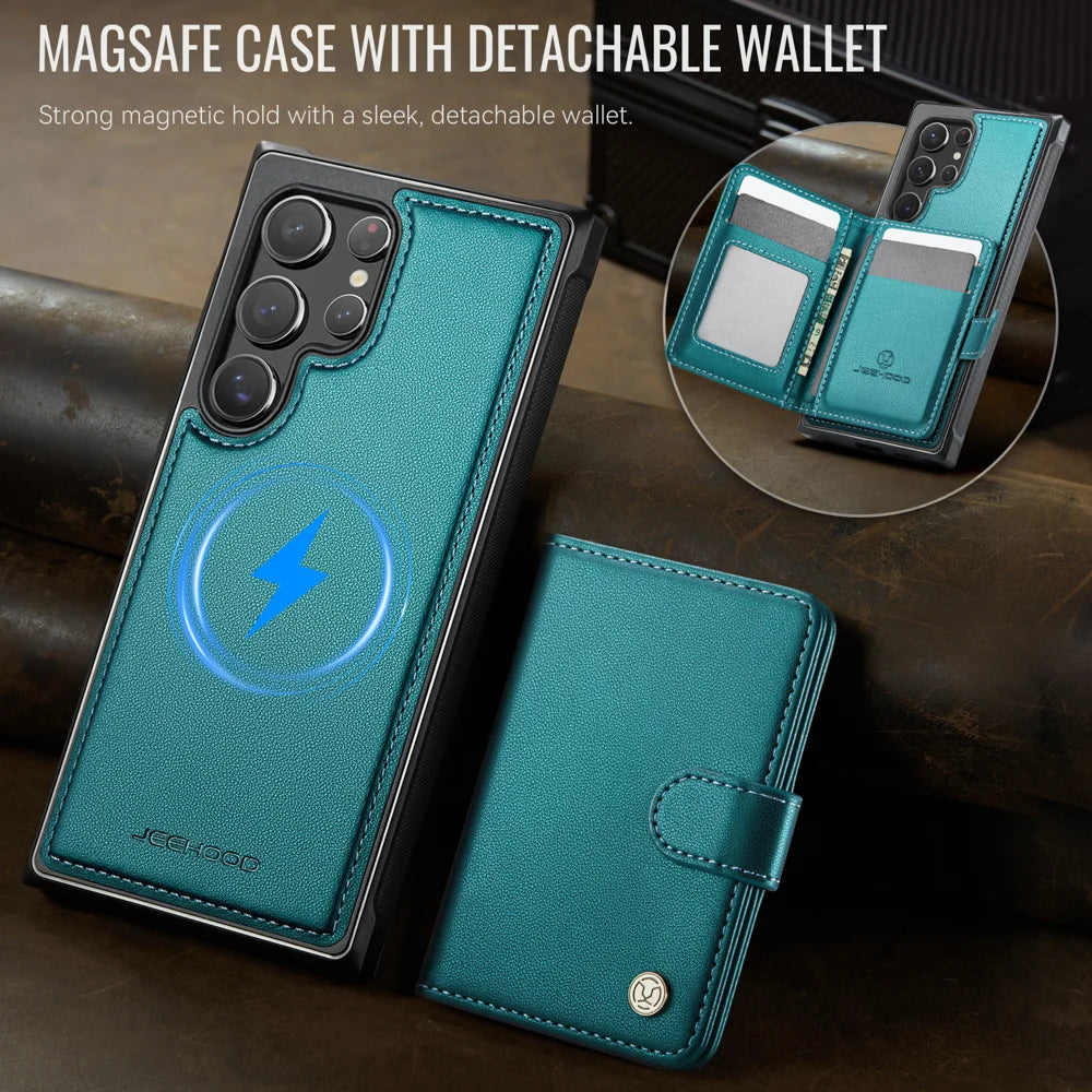 JEEHOOD For Samsung Galaxy S22 Ultra 5G Case  J09 RFID Blocking Card Holder Leather Back Phone Cover Magnetic Case - Green - 5