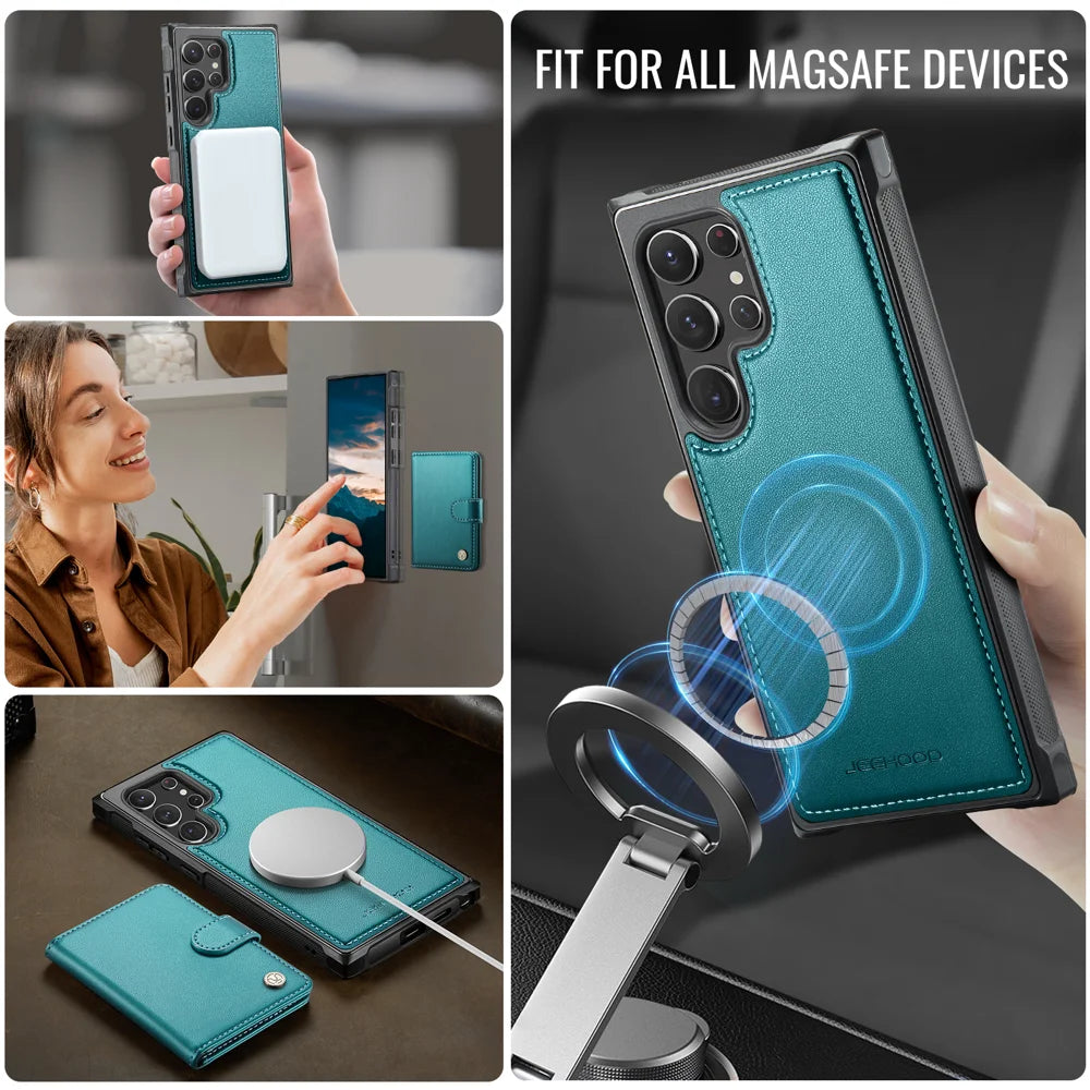 JEEHOOD For Samsung Galaxy S22 Ultra 5G Case  J09 RFID Blocking Card Holder Leather Back Phone Cover Magnetic Case - Green - 6