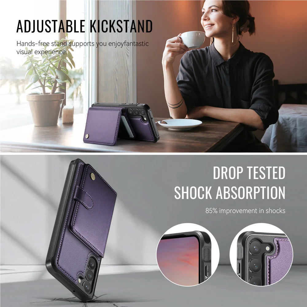 JEEHOOD For Samsung Galaxy S23 Case  J09 RFID Blocking Card Holder Leather Back Phone Cover Magnetic Case - Purple - 4