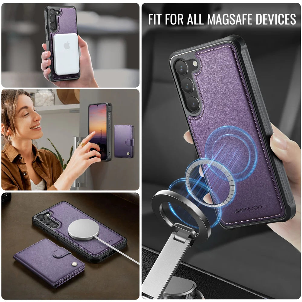 JEEHOOD For Samsung Galaxy S23 Case  J09 RFID Blocking Card Holder Leather Back Phone Cover Magnetic Case - Purple - 6