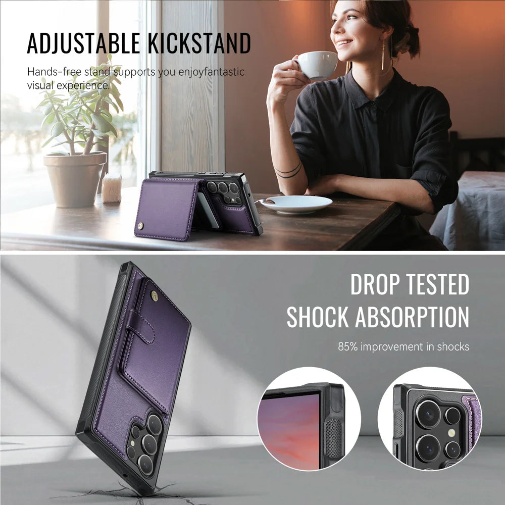 JEEHOOD For Samsung Galaxy S23 Ultra Case  J09 RFID Blocking Card Holder Leather Back Phone Cover Magnetic Case - Purple - 4