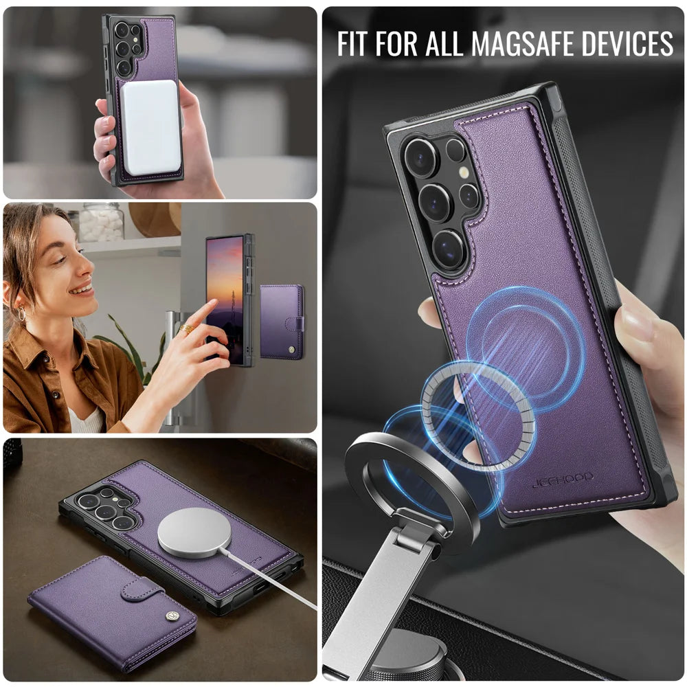 JEEHOOD For Samsung Galaxy S23 Ultra Case  J09 RFID Blocking Card Holder Leather Back Phone Cover Magnetic Case - Purple - 6