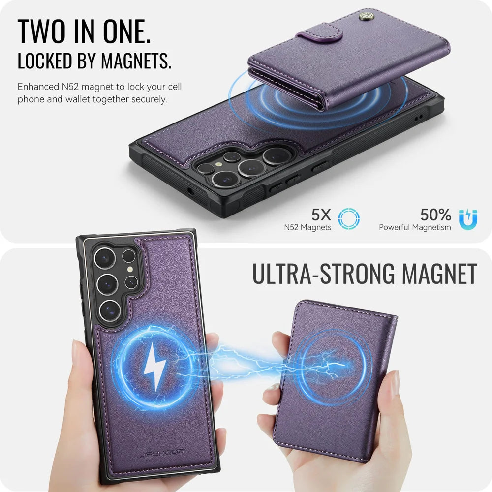 JEEHOOD For Samsung Galaxy S23 Ultra Case  J09 RFID Blocking Card Holder Leather Back Phone Cover Magnetic Case - Purple - 7
