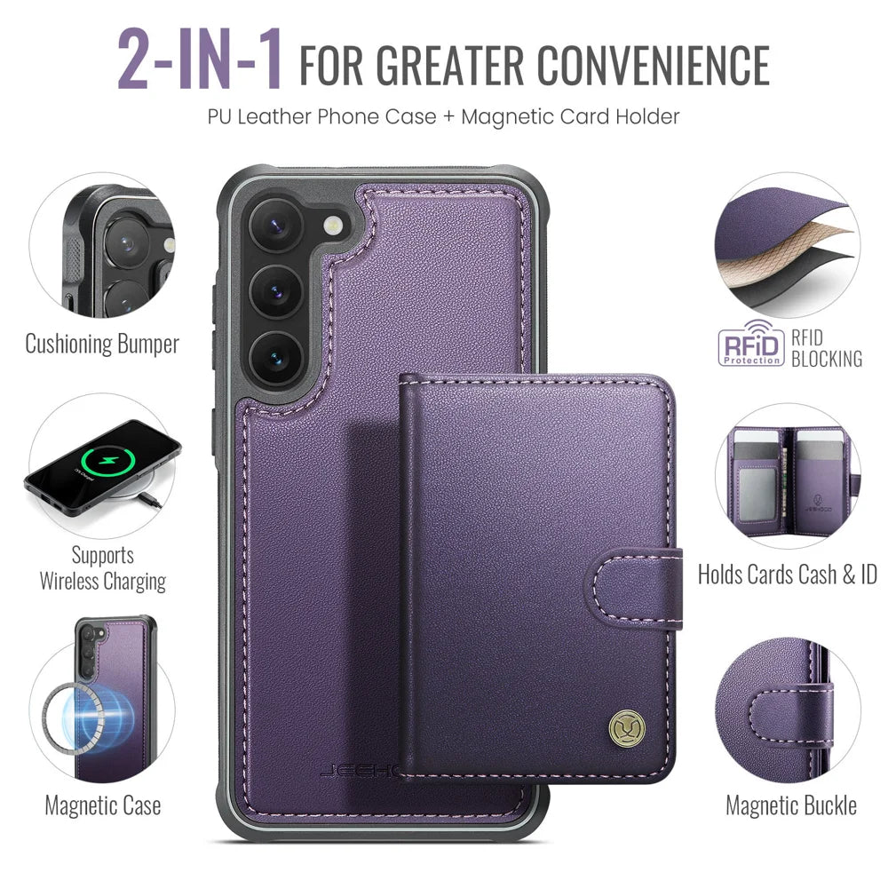 JEEHOOD For Samsung Galaxy S23+ Case  J09 RFID Blocking Card Holder Leather Back Phone Cover Magnetic Case - Purple - 2