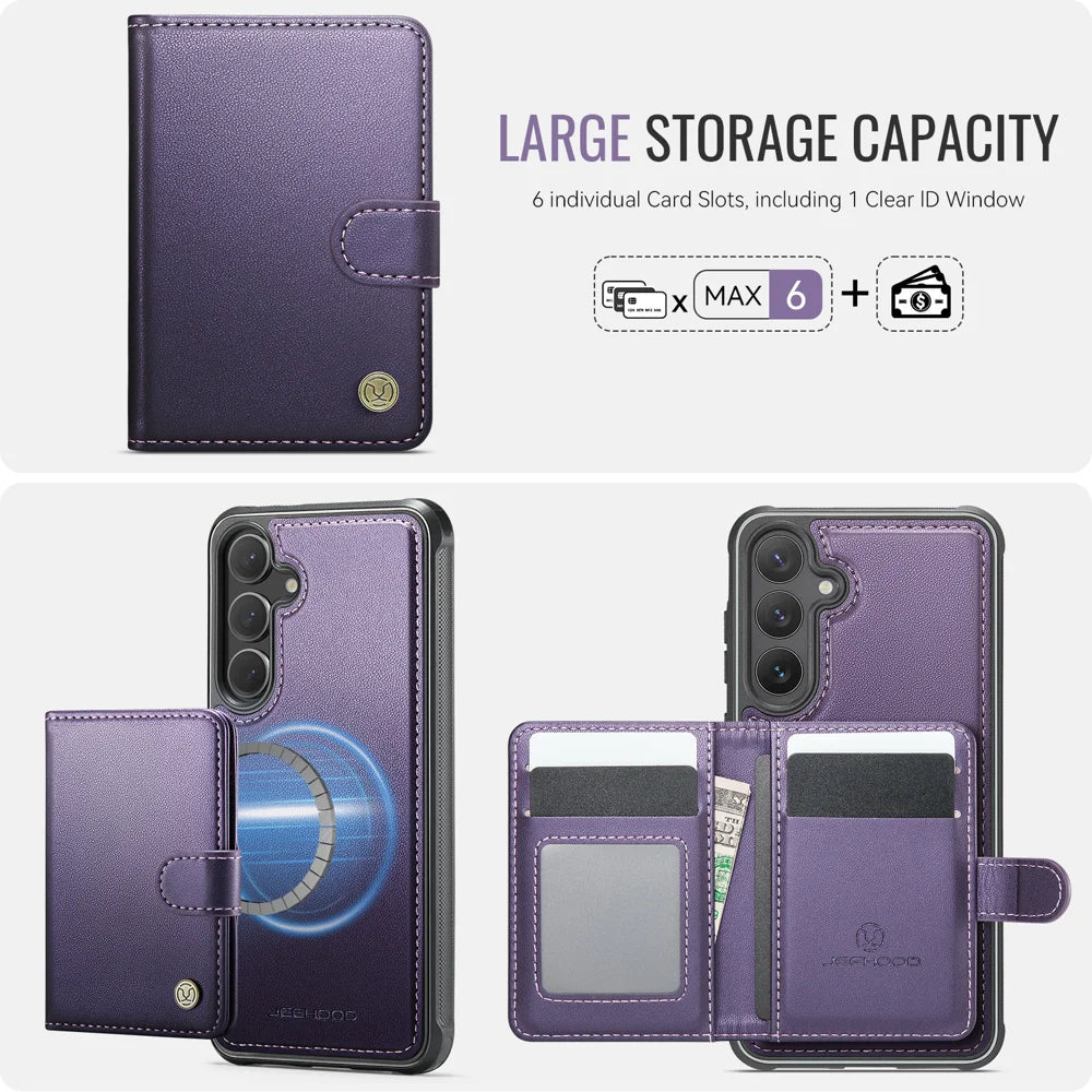 JEEHOOD For Samsung Galaxy S24 Case  J09 RFID Blocking Card Holder Leather Back Phone Cover Magnetic Case - Purple - 3