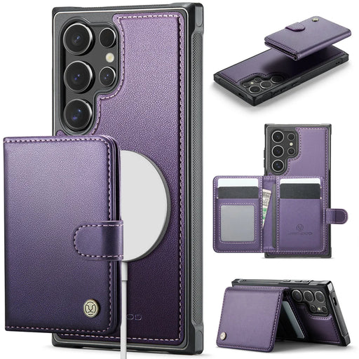 JEEHOOD For Samsung Galaxy S24 Ultra Case  J09 RFID Blocking Card Holder Leather Back Phone Cover Magnetic Case - Purple - 1