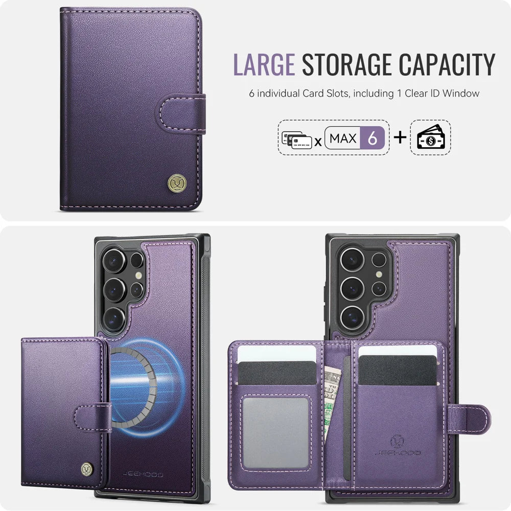 JEEHOOD For Samsung Galaxy S24 Ultra Case  J09 RFID Blocking Card Holder Leather Back Phone Cover Magnetic Case - Purple - 3