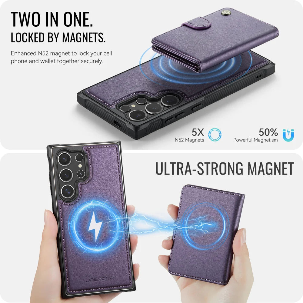 JEEHOOD For Samsung Galaxy S24 Ultra Case  J09 RFID Blocking Card Holder Leather Back Phone Cover Magnetic Case - Purple - 7