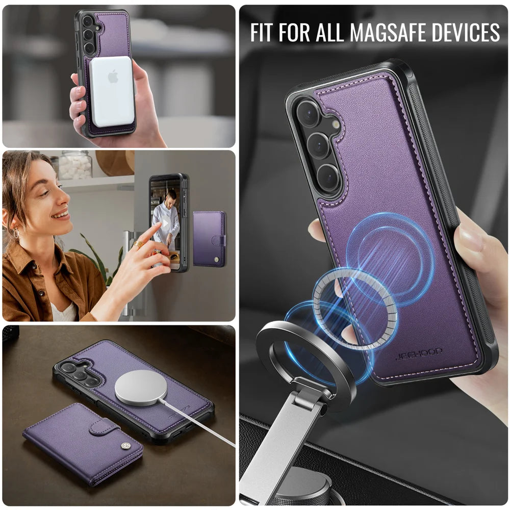 JEEHOOD For Samsung Galaxy S25+ Case  J09 RFID Blocking Card Holder Leather Back Phone Cover Magnetic Case - Purple - 6
