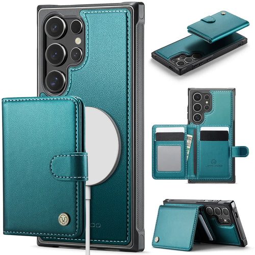 JEEHOOD For Samsung Galaxy S25 Ultra Case  J09 RFID Blocking Card Holder Leather Back Phone Cover Magnetic Case - Green - 1