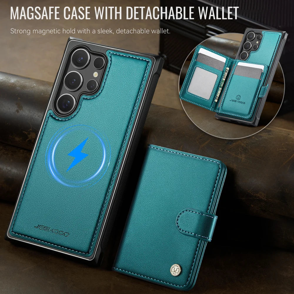 JEEHOOD For Samsung Galaxy S25 Ultra Case  J09 RFID Blocking Card Holder Leather Back Phone Cover Magnetic Case - Green - 5