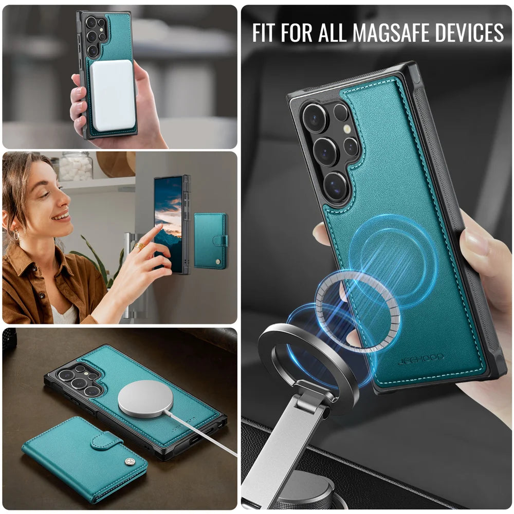JEEHOOD For Samsung Galaxy S25 Ultra Case  J09 RFID Blocking Card Holder Leather Back Phone Cover Magnetic Case - Green - 6
