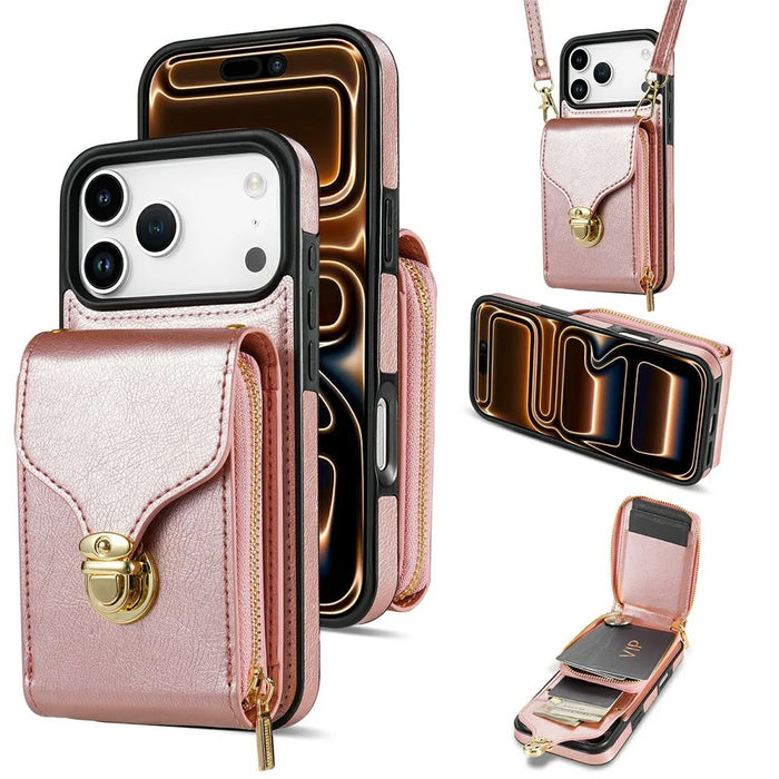 For iPhone 18 Pro Max / 17 Pro Max Case Zipper Wallet Leather + TPU Phone Cover with Strap - Rose Gold - 1