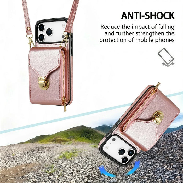 For iPhone 18 Pro Max / 17 Pro Max Case Zipper Wallet Leather + TPU Phone Cover with Strap - Rose Gold - 7