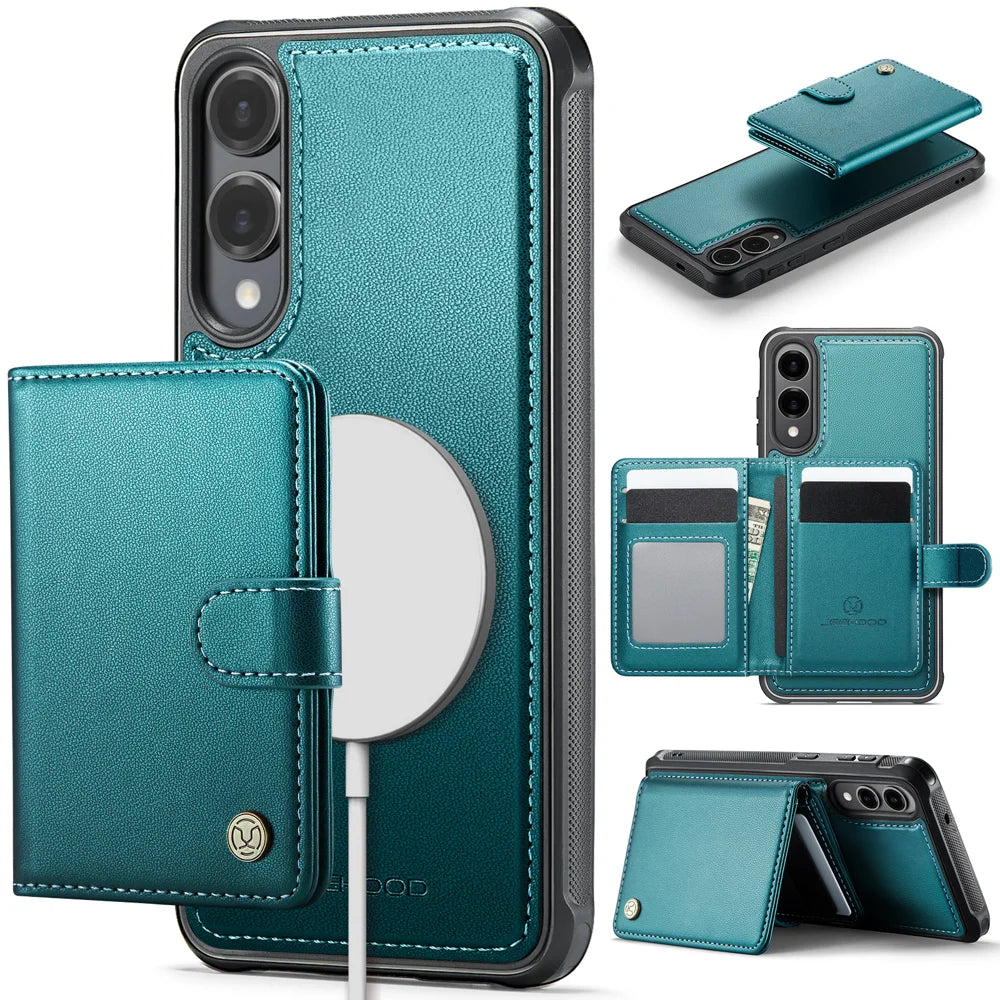 JEEHOOD For Samsung Galaxy S25 Edge Case  J09 RFID Blocking Card Holder Leather Back Phone Cover Magnetic Case - Green - 1
