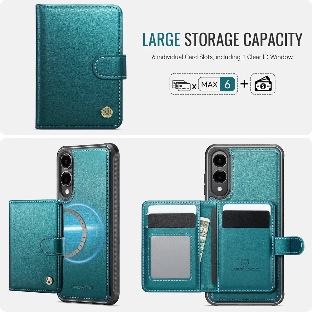 JEEHOOD For Samsung Galaxy S25 Edge Case  J09 RFID Blocking Card Holder Leather Back Phone Cover Magnetic Case - Green - 3