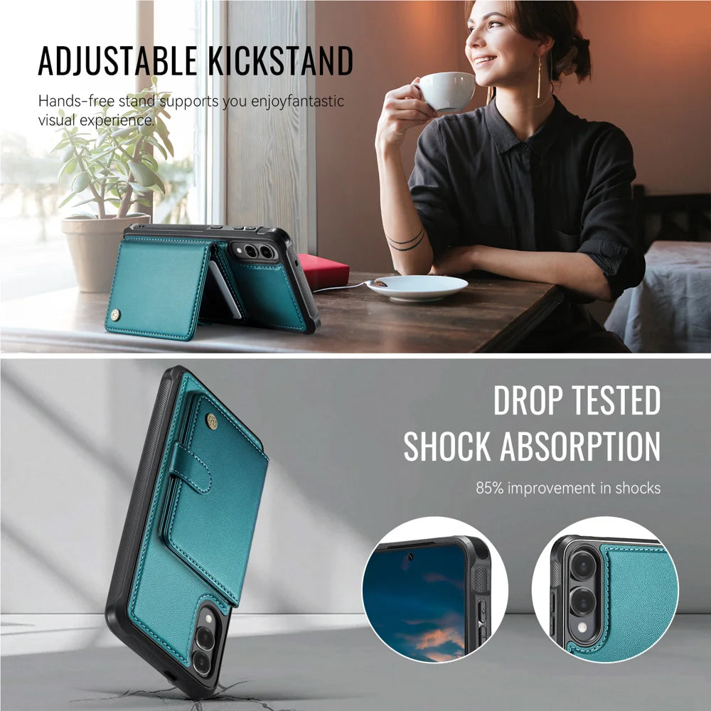 JEEHOOD For Samsung Galaxy S25 Edge Case  J09 RFID Blocking Card Holder Leather Back Phone Cover Magnetic Case - Green - 4