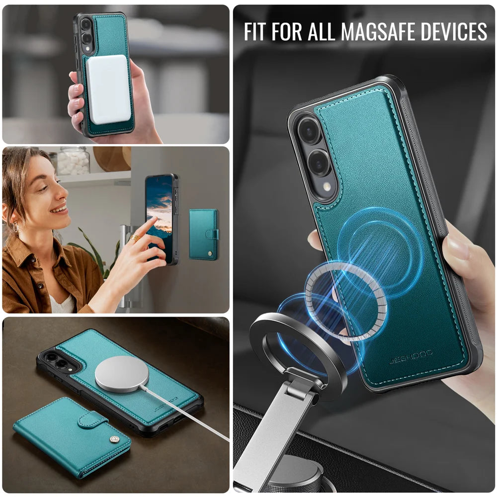 JEEHOOD For Samsung Galaxy S25 Edge Case  J09 RFID Blocking Card Holder Leather Back Phone Cover Magnetic Case - Green - 6
