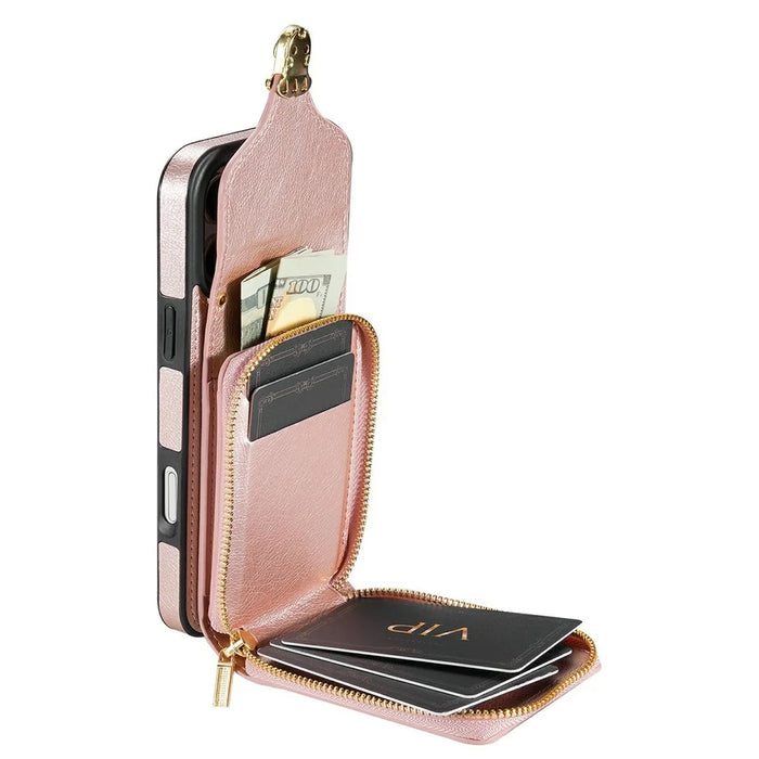 For iPhone 18 Pro / 17 Pro Case Zipper Wallet Leather + TPU Phone Cover with Strap - Rose Gold - 2