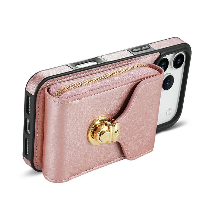 For iPhone 18 Pro / 17 Pro Case Zipper Wallet Leather + TPU Phone Cover with Strap - Rose Gold - 4
