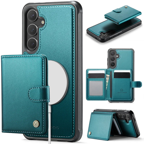 JEEHOOD For Samsung Galaxy S25 FE Case  J09 RFID Blocking Card Holder Leather Back Phone Cover Magnetic Case - Green - 1