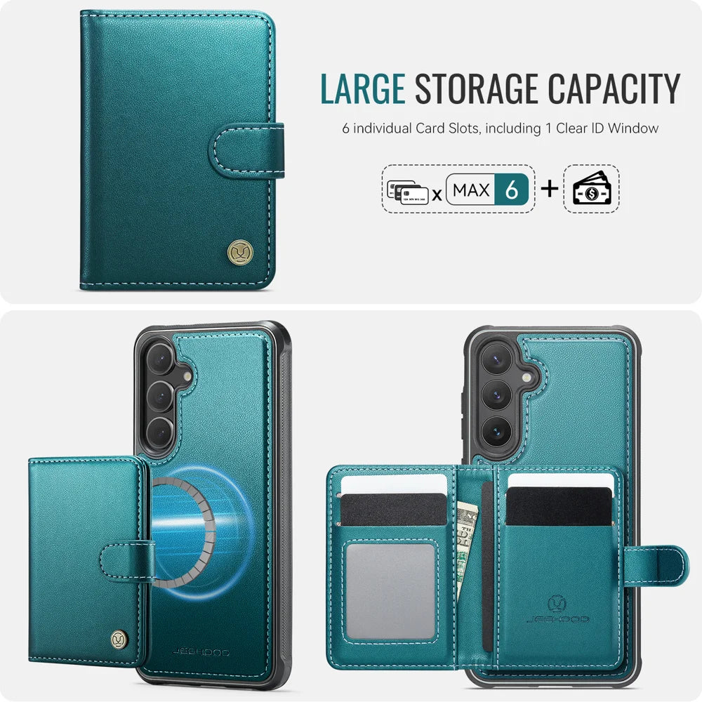 JEEHOOD For Samsung Galaxy S25 FE Case  J09 RFID Blocking Card Holder Leather Back Phone Cover Magnetic Case - Green - 3