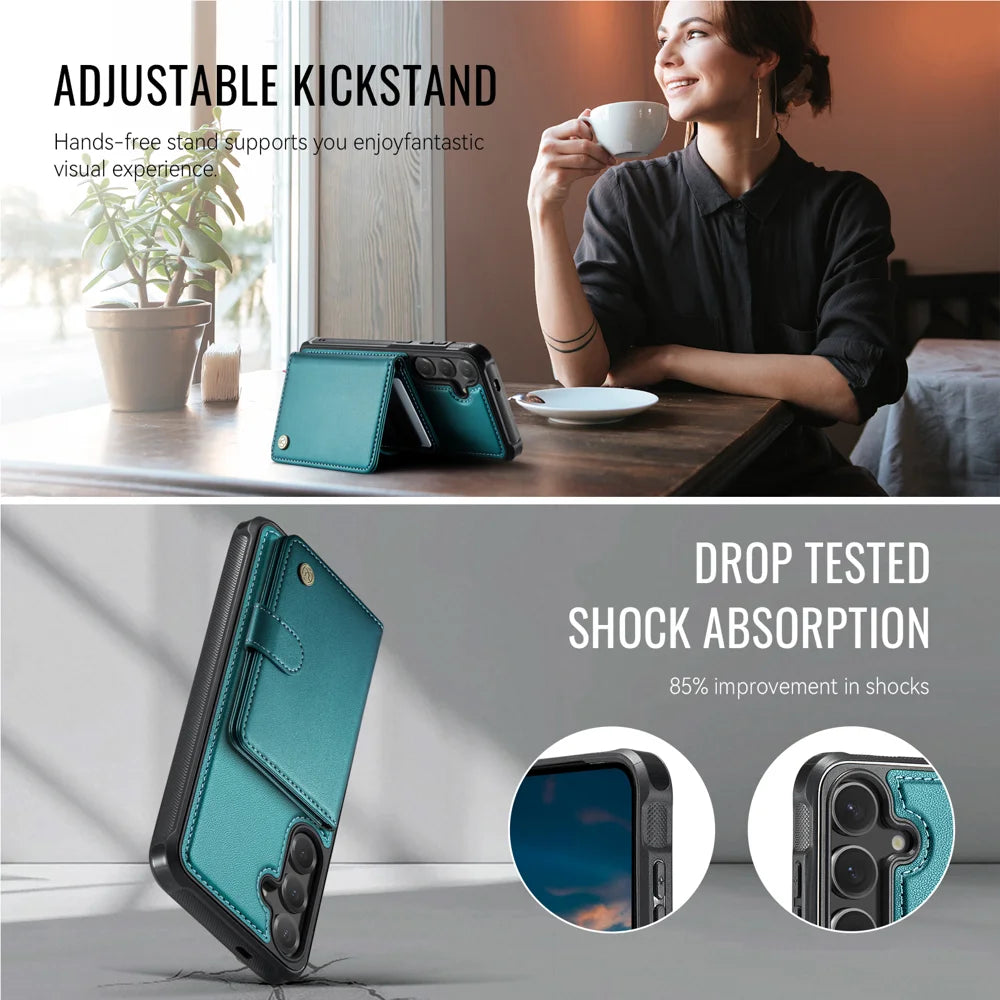 JEEHOOD For Samsung Galaxy S25 FE Case  J09 RFID Blocking Card Holder Leather Back Phone Cover Magnetic Case - Green - 4