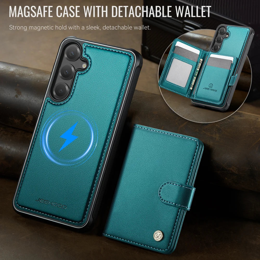 JEEHOOD For Samsung Galaxy S25 FE Case  J09 RFID Blocking Card Holder Leather Back Phone Cover Magnetic Case - Green - 5