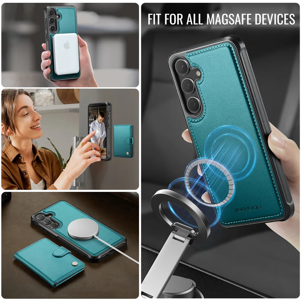 JEEHOOD For Samsung Galaxy S25 FE Case  J09 RFID Blocking Card Holder Leather Back Phone Cover Magnetic Case - Green - 6