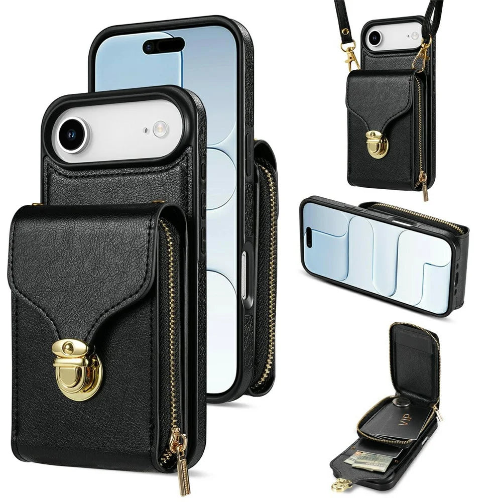 For iPhone Air Case Zipper Wallet Leather + TPU Phone Cover with Strap - Black - 1
