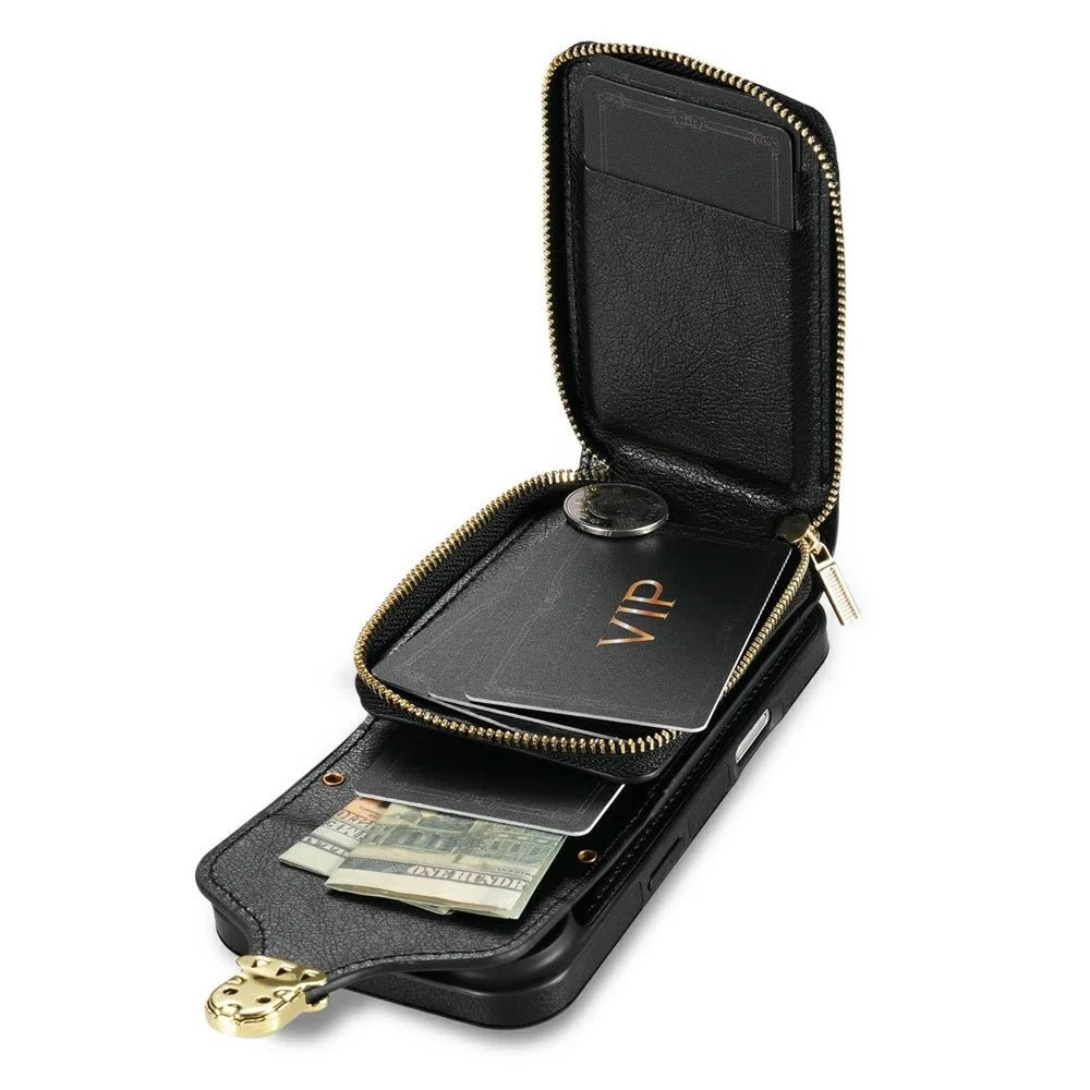 For iPhone Air Case Zipper Wallet Leather + TPU Phone Cover with Strap - Black - 3
