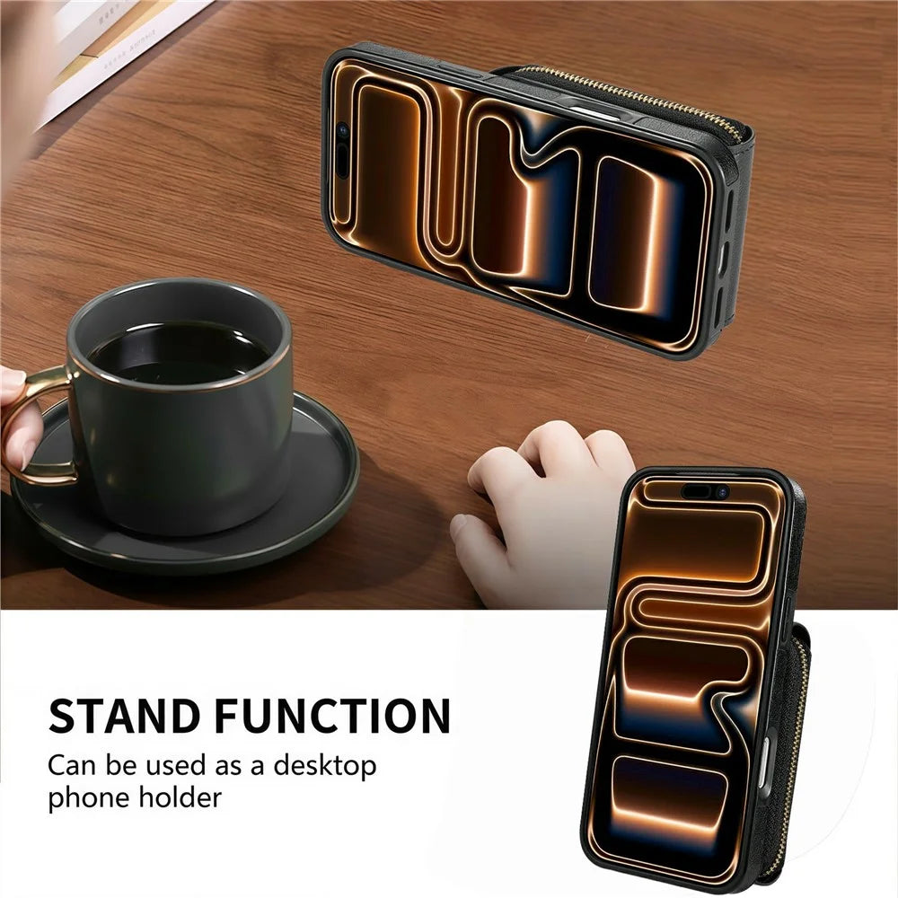 For iPhone Air Case Zipper Wallet Leather + TPU Phone Cover with Strap - Black - 6