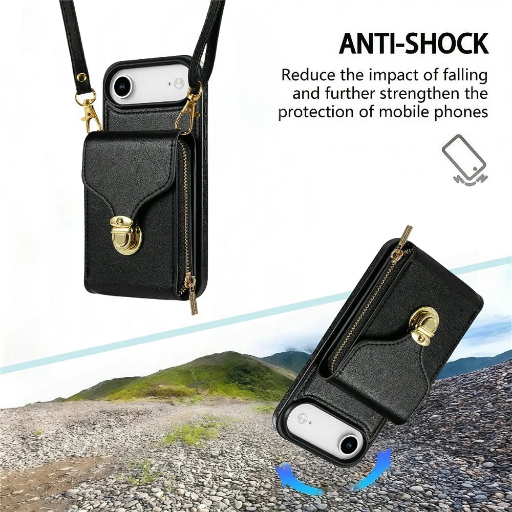 For iPhone Air Case Zipper Wallet Leather + TPU Phone Cover with Strap - Black - 7