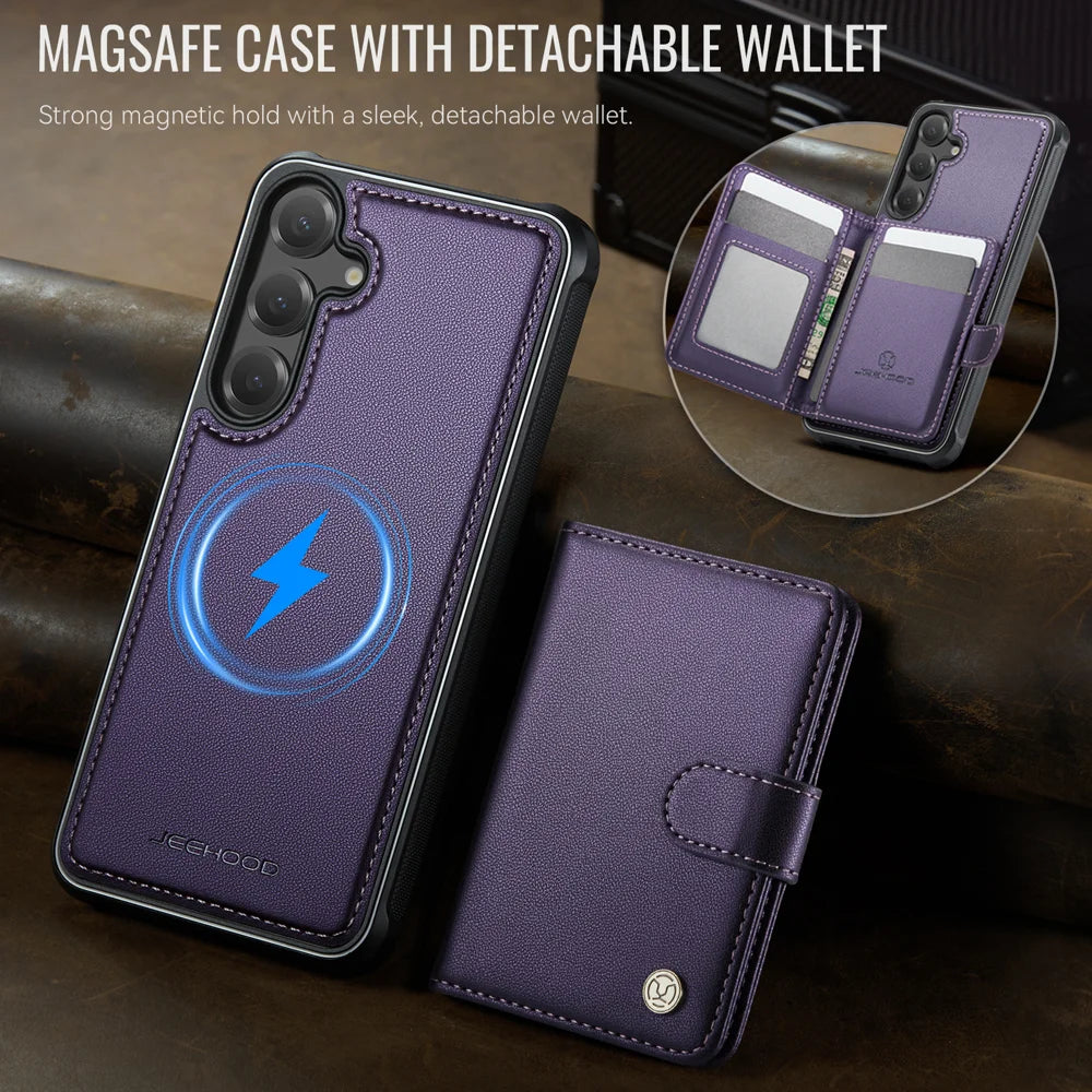 JEEHOOD For Samsung Galaxy S25 Case  J09 RFID Blocking Card Holder Leather Back Phone Cover Magnetic Case - Purple - 5