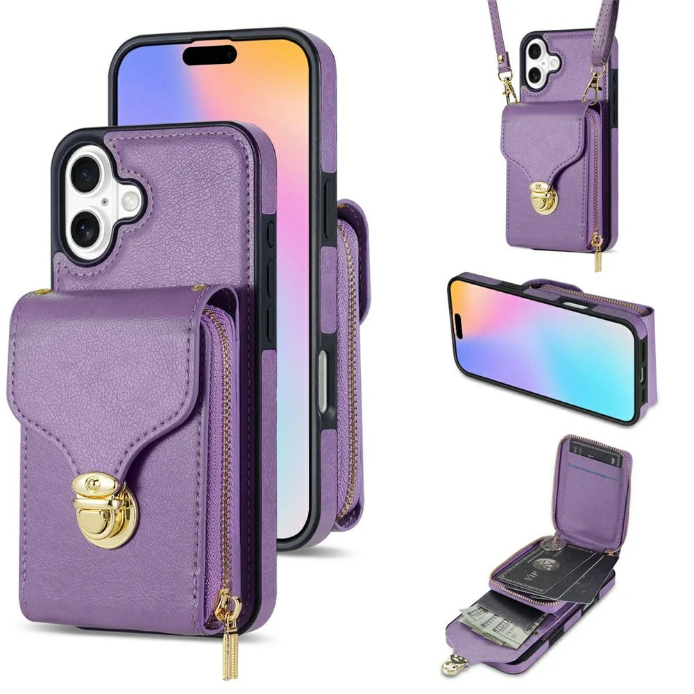 For iPhone 17 Case Zipper Wallet Leather + TPU Phone Cover with Strap - Purple - 1